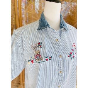 Vintage Bobbie Brook Striped Button Down Shirt Embroidered Teddy Bears & Flowers